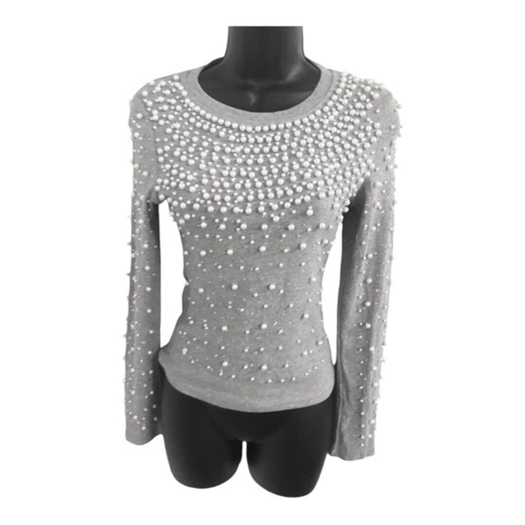 Stunning pearl embellished beaded gray long sleeve sweater top size‎ large new - Picture 7 of 15